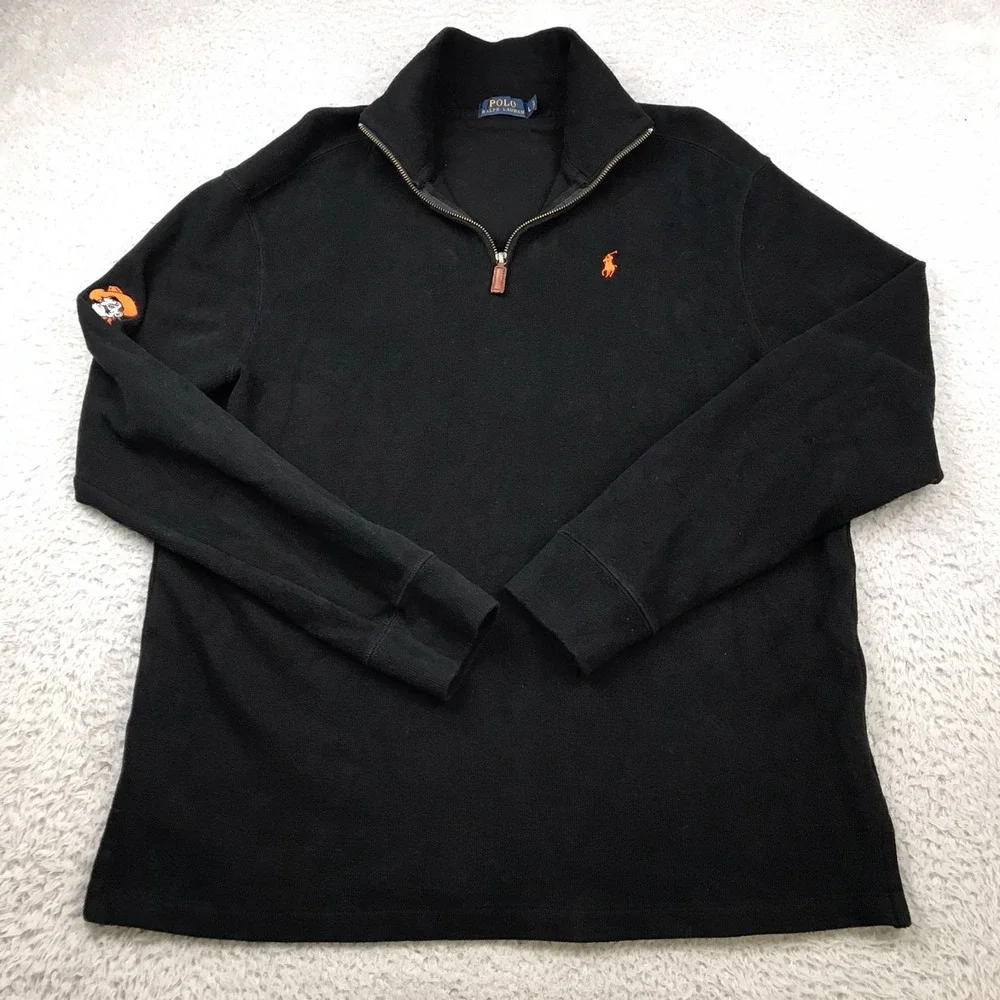 Polo Ralph Lauren 1/4 Zip Pullover Mens L Black OSU Oklahoma Pistol Pete Sweater